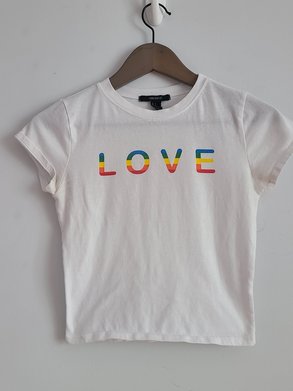 Forever 21 White Crop Tee with Rainbow 'LOVE' Print Size S